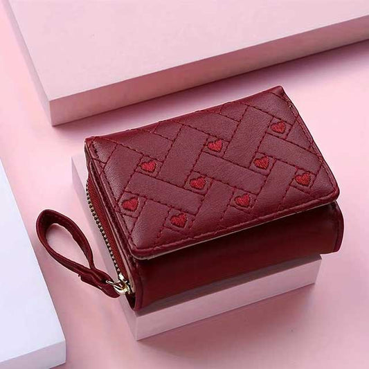 Women’s Short Wallet – Embroidered “Love” Design, Zipper & Buckle Closure, Large Capacity Card Holder Purse