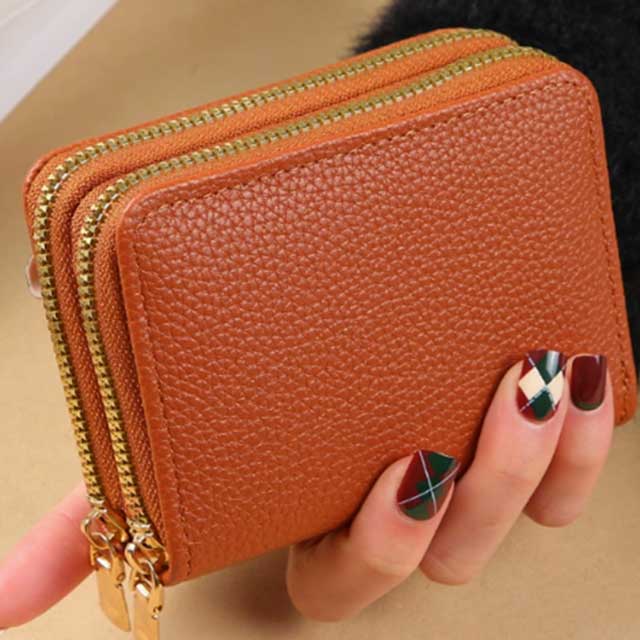 Women’s Zipper Wallet – Short Style Lychee Pattern Purse with Multi Card Slots, Coin Pocket & Solid Color Design