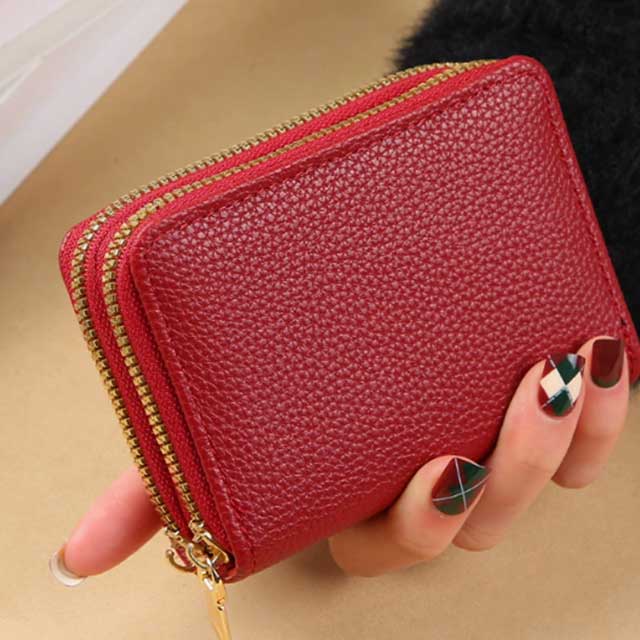 Women’s Zipper Wallet – Short Style Lychee Pattern Purse with Multi Card Slots, Coin Pocket & Solid Color Design