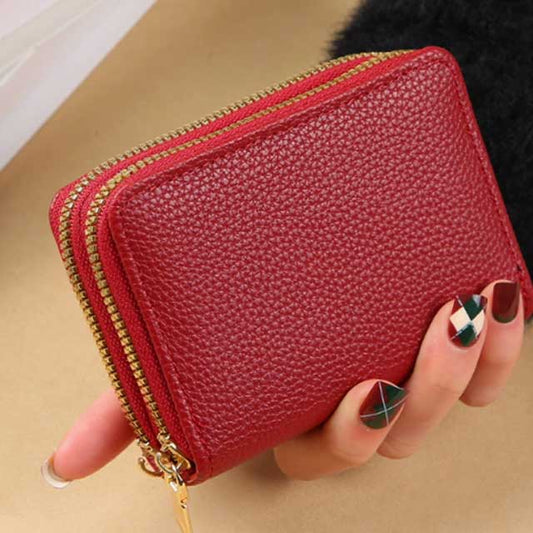 Women’s Zipper Wallet – Short Style Lychee Pattern Purse with Multi Card Slots, Coin Pocket & Solid Color Design