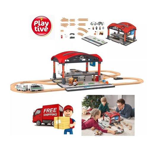 Wooden 53-Piece Battery Operated Train Set – Central Station Play & Learn for Kids