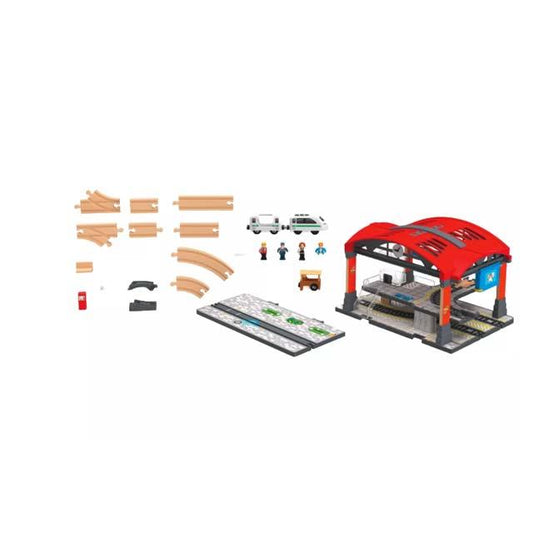 Wooden 53-Piece Battery Operated Train Set – Central Station Play & Learn for Kids