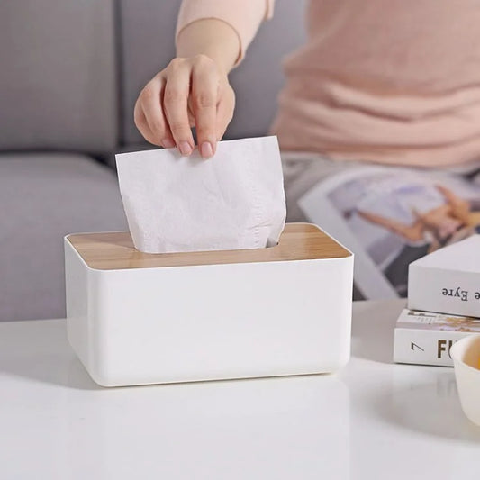Modern Plastic Tissue Box with Wooden Lid – Napkin & Wet Wipes Storage Organizer for Home, Office & Car