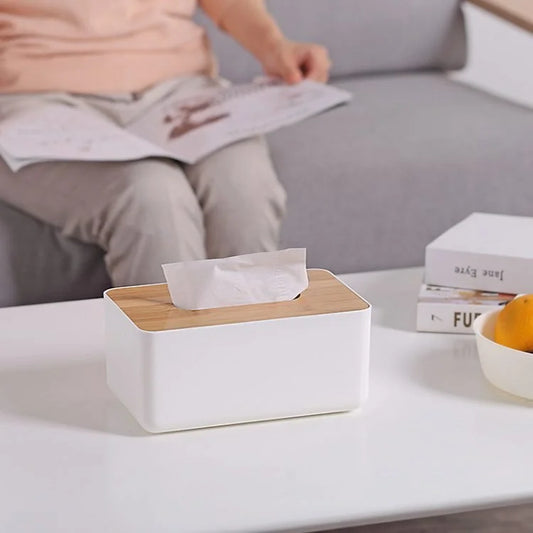 Modern Plastic Tissue Box with Wooden Lid – Napkin & Wet Wipes Storage Organizer for Home, Office & Car