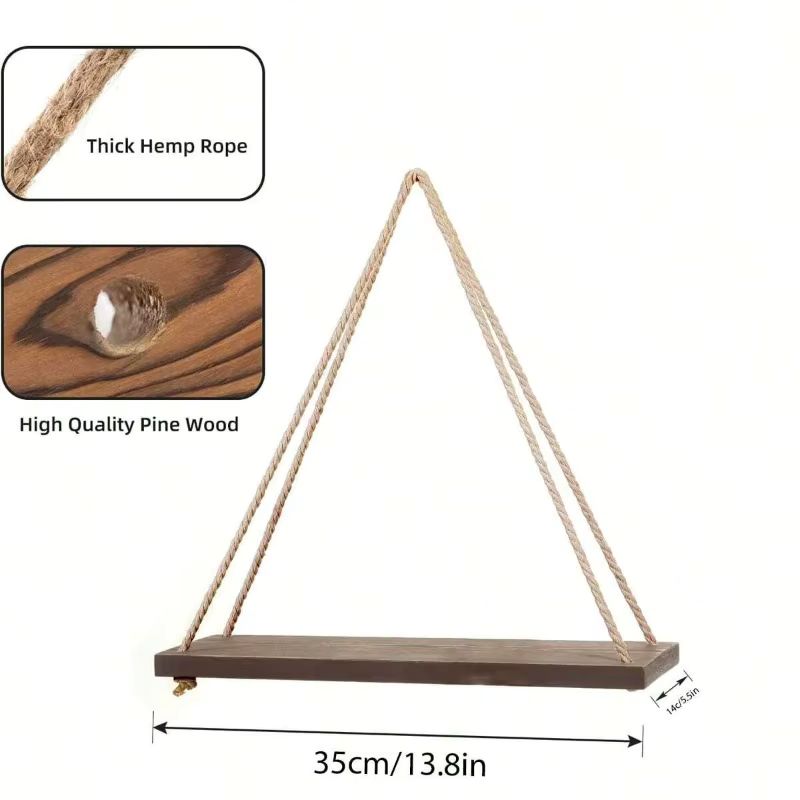 Wooden Swing Hanging Wall Shelf – Hemp Rope Floating Shelves – Rustic Plant & Flower Pot Tray for Living Room, Bedroom & Garden Decoration