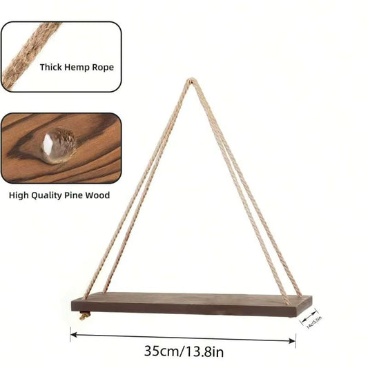 Wooden Swing Hanging Wall Shelf – Hemp Rope Floating Shelves – Rustic Plant & Flower Pot Tray for Living Room, Bedroom & Garden Decoration