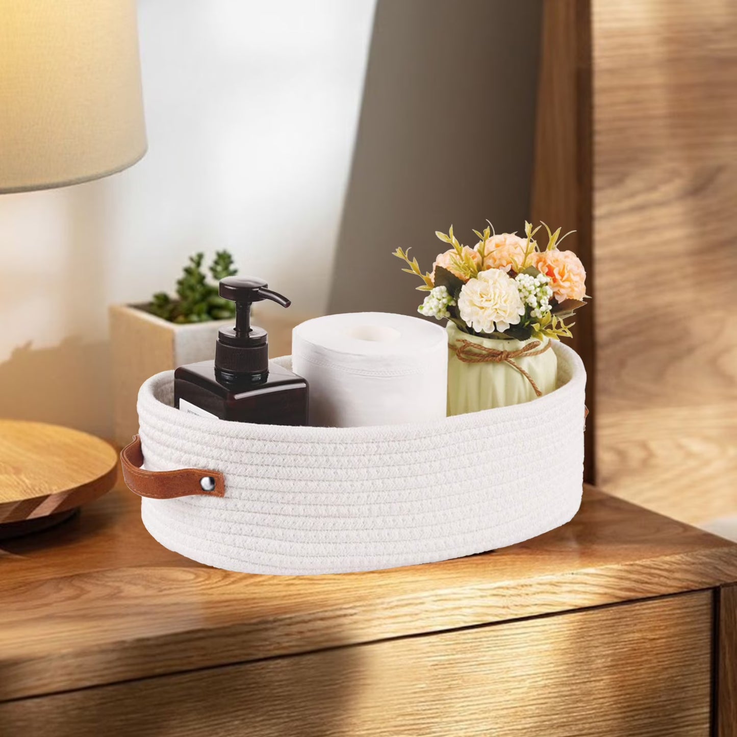 Oval Woven Bathroom Storage Basket – Multifunctional Desktop Organizer & Toilet Paper Holder – Stylish Rope Toy Basket (White/Blue/Khaki/Grey)