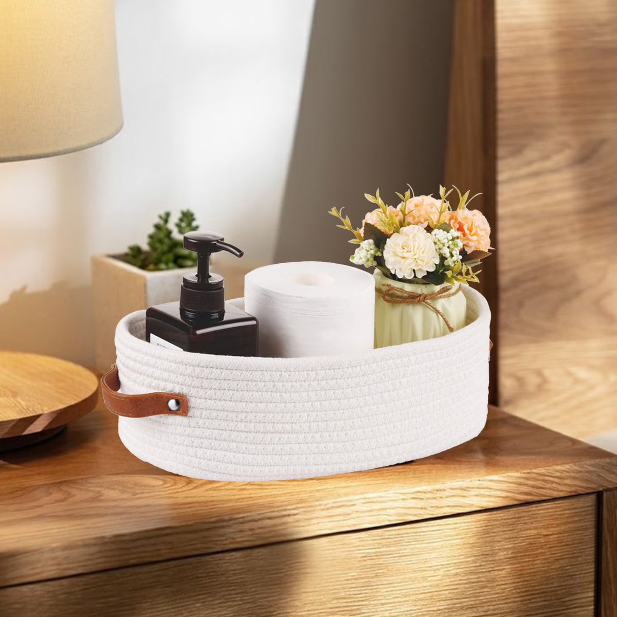 Panier de rangement de salle de bain tissé ovale – Organisateur de bureau multifonctionnel et porte-rouleau de papier toilette – Panier à jouets élégant en corde (blanc/bleu/kaki/gris)