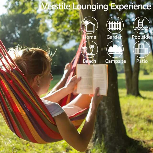 Woven Double Hammock with Travel Bag – Outdoor Cotton-Polyester Blend Hammock with Rope Bindings | Machine Washable Lounger for Garden, Patio, Beach & Camping (Ages 14+)