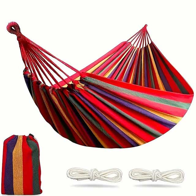 Woven Double Hammock with Travel Bag – Outdoor Cotton-Polyester Blend Hammock with Rope Bindings | Machine Washable Lounger for Garden, Patio, Beach & Camping (Ages 14+)