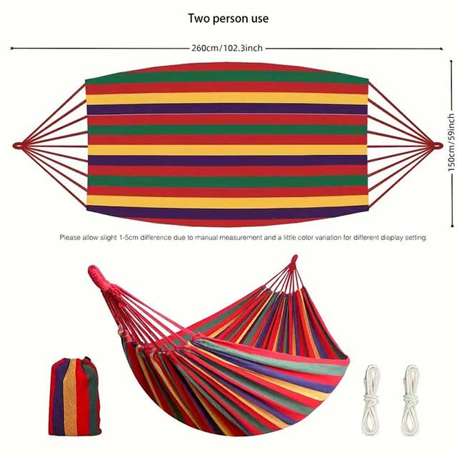 Woven Double Hammock with Travel Bag – Outdoor Cotton-Polyester Blend Hammock with Rope Bindings | Machine Washable Lounger for Garden, Patio, Beach & Camping (Ages 14+)