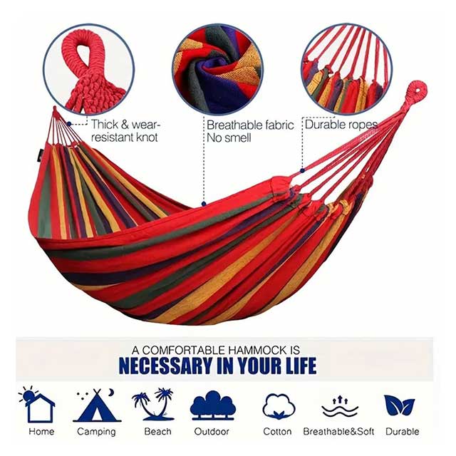 Woven Double Hammock with Travel Bag – Outdoor Cotton-Polyester Blend Hammock with Rope Bindings | Machine Washable Lounger for Garden, Patio, Beach & Camping (Ages 14+)
