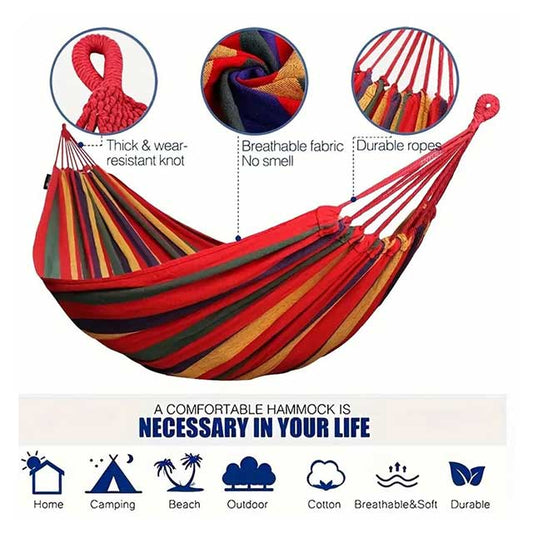 Woven Double Hammock with Travel Bag – Outdoor Cotton-Polyester Blend Hammock with Rope Bindings | Machine Washable Lounger for Garden, Patio, Beach & Camping (Ages 14+)