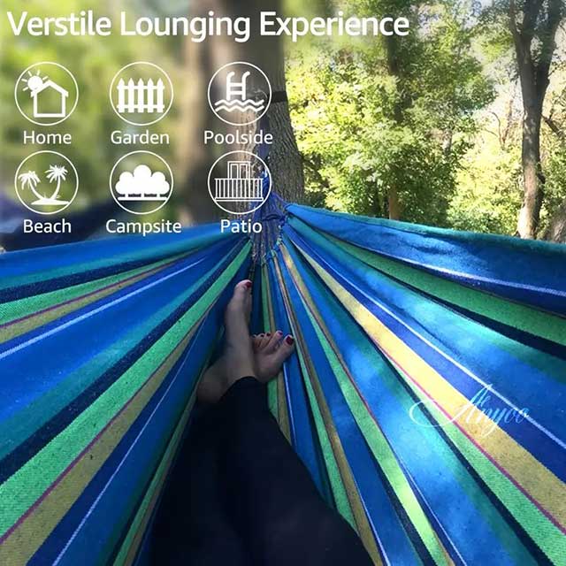 Woven Double Hammock with Travel Bag – Outdoor Cotton-Polyester Blend Hammock with Rope Bindings | Machine Washable Lounger for Garden, Patio, Beach & Camping (Ages 14+)