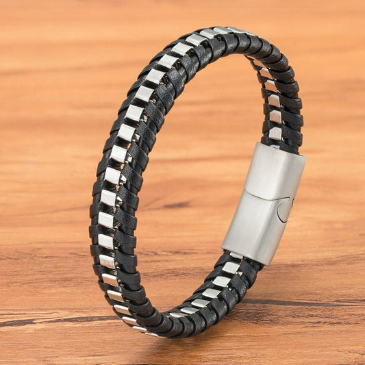 Braided Rope Woven Black Leather Men Bracelet (EGBT108)