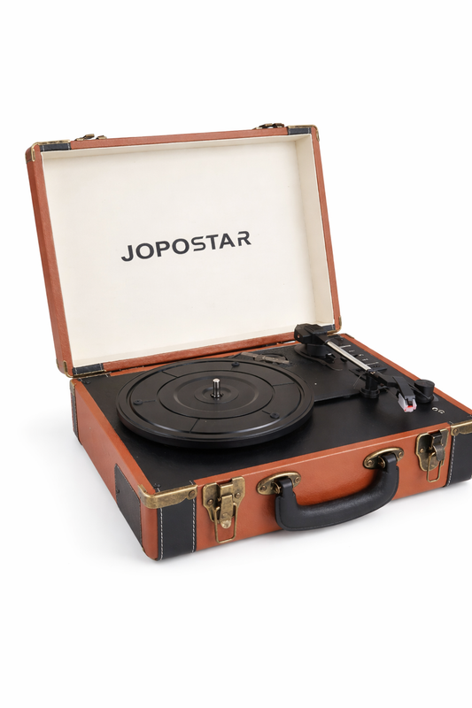 Vintage Suitcase Record Player Brown JOPOSTAR – Portable Bluetooth Turntable with Built-in Speakers