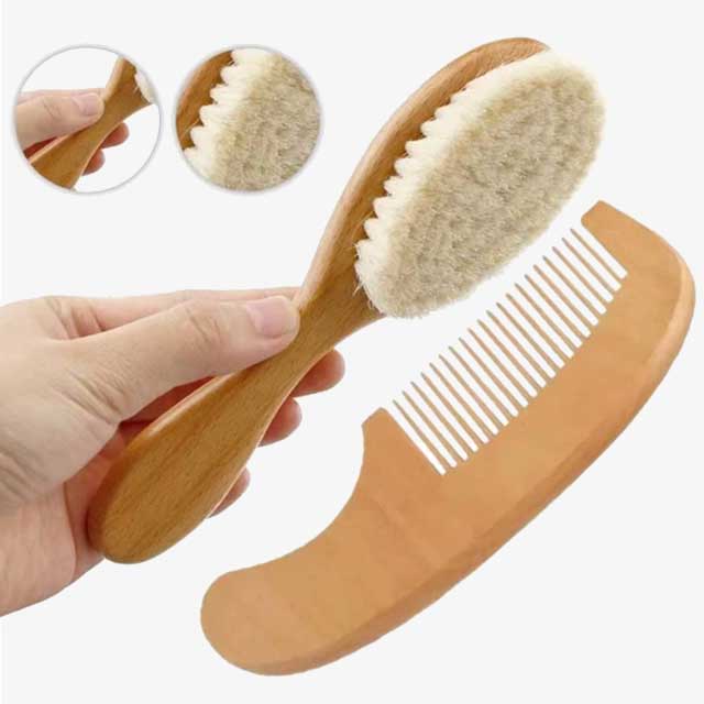 2pcs Baby Comb Set – Soft Wool Baby Hair Brush & Beech Wood Comb for Newborns – Baby Care Massager, Shower Gift & Hair Soothing
