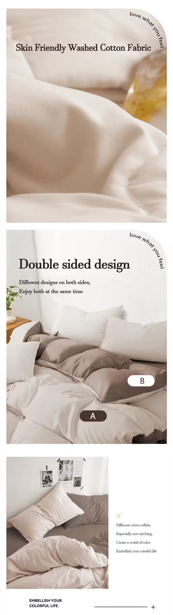 YanYangTian Washed Cotton Bedding Set – 4-Piece Bed Linen Set with Quilt Cover – Solid Color Comfort for Couples
