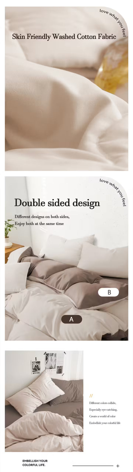 Ensemble de literie en coton lavé YanYangTian – Parure de lit 4 pièces avec housse de couette – Couleur unie – Confort pour couples 