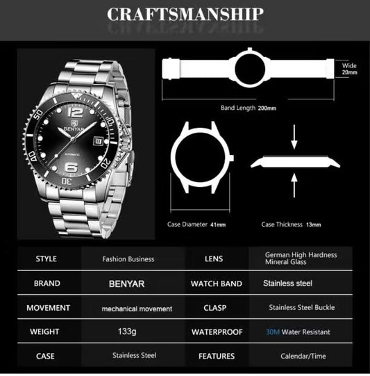 BENYAR Stainless Steel Men Automatic Movement Watch Model (BY-5152)