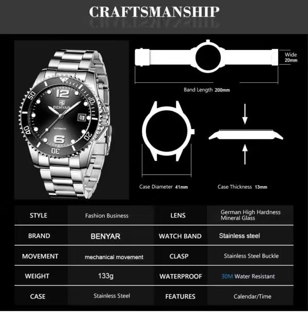 Montre BENYAR pour homme en acier inoxydable à mouvement automatique, modèle BY-5152 