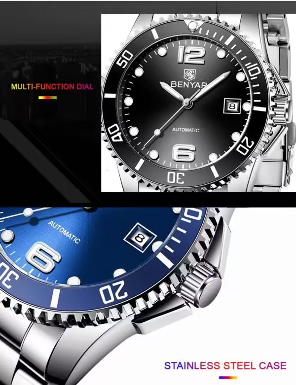 Montre BENYAR pour homme en acier inoxydable à mouvement automatique, modèle BY-5152 