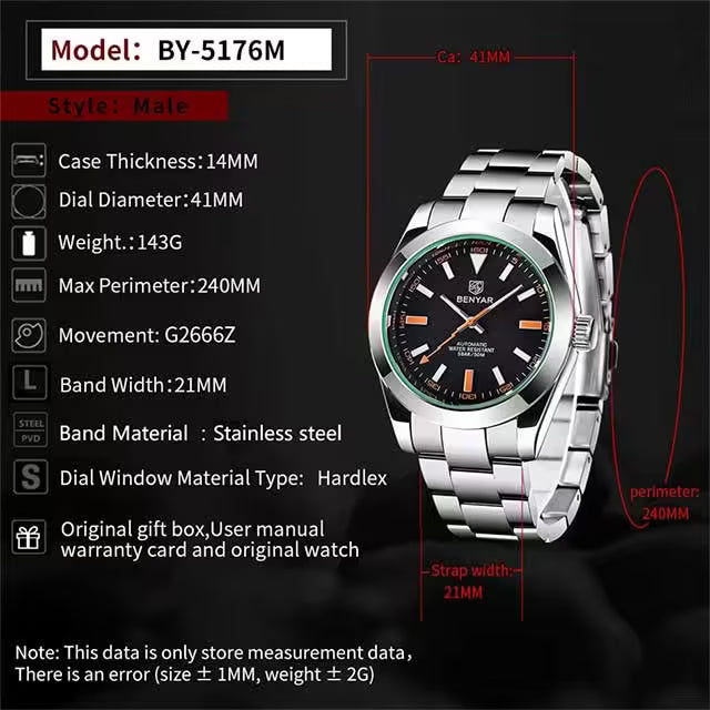 Montre BENYAR pour homme en acier inoxydable à mouvement automatique, modèle BY-5152