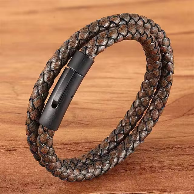Black Buckle Double layer Leather Bracelet (EGBT321)