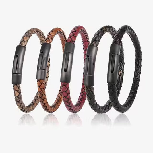 Black Magnetic Lock Multi Color Leather Strap Men Bracelet (EGBT377)