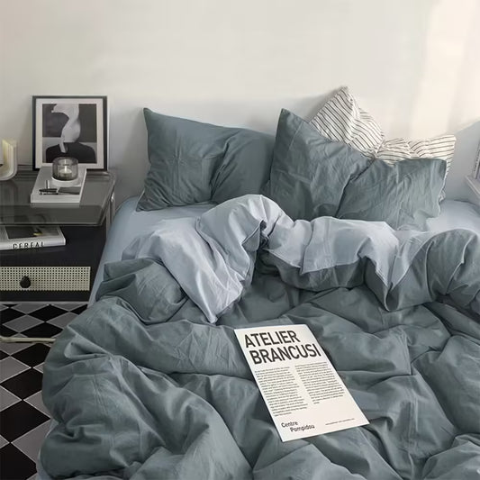 Ensemble de literie en coton lavé YanYangTian – Parure de lit 4 pièces avec housse de couette – Couleur unie – Confort pour couples 