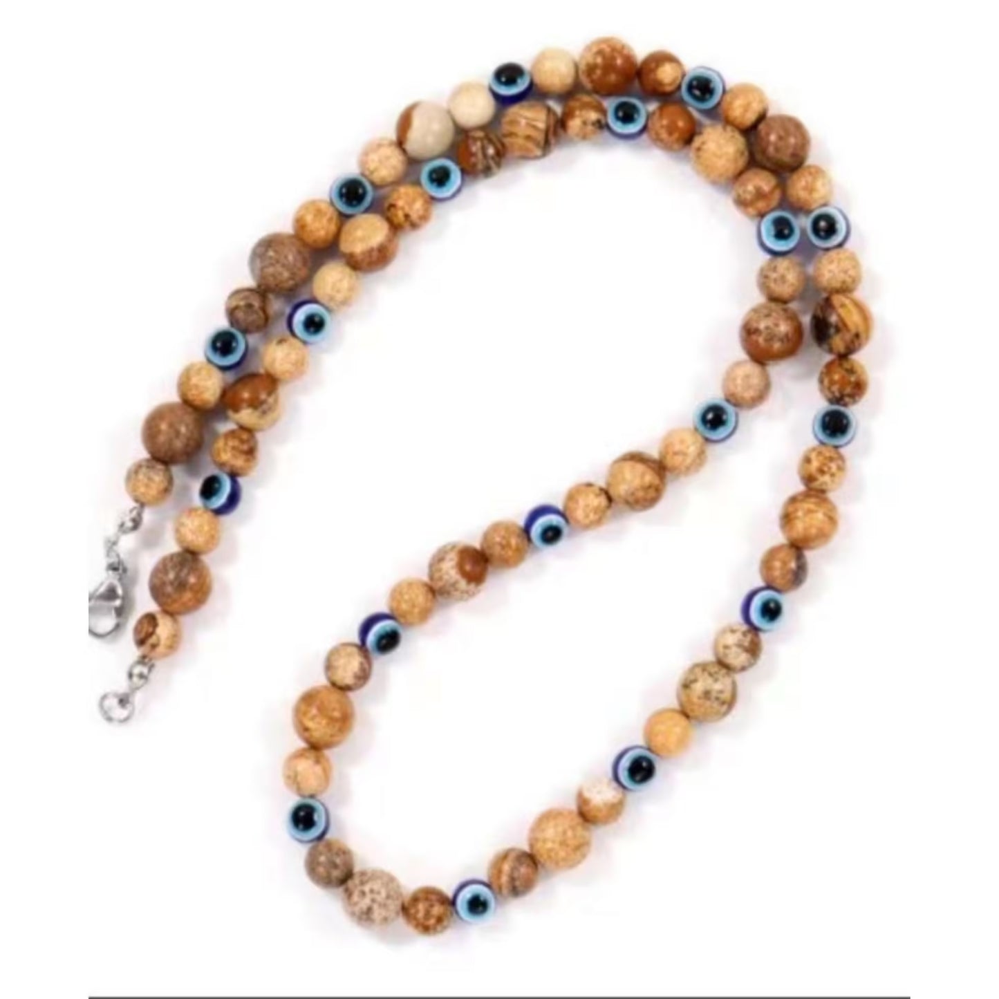 Collier unisexe perles marron x œil bleu (EGN075)