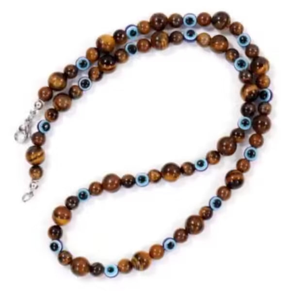 Collier unisexe perles marron x œil bleu (EGN075)
