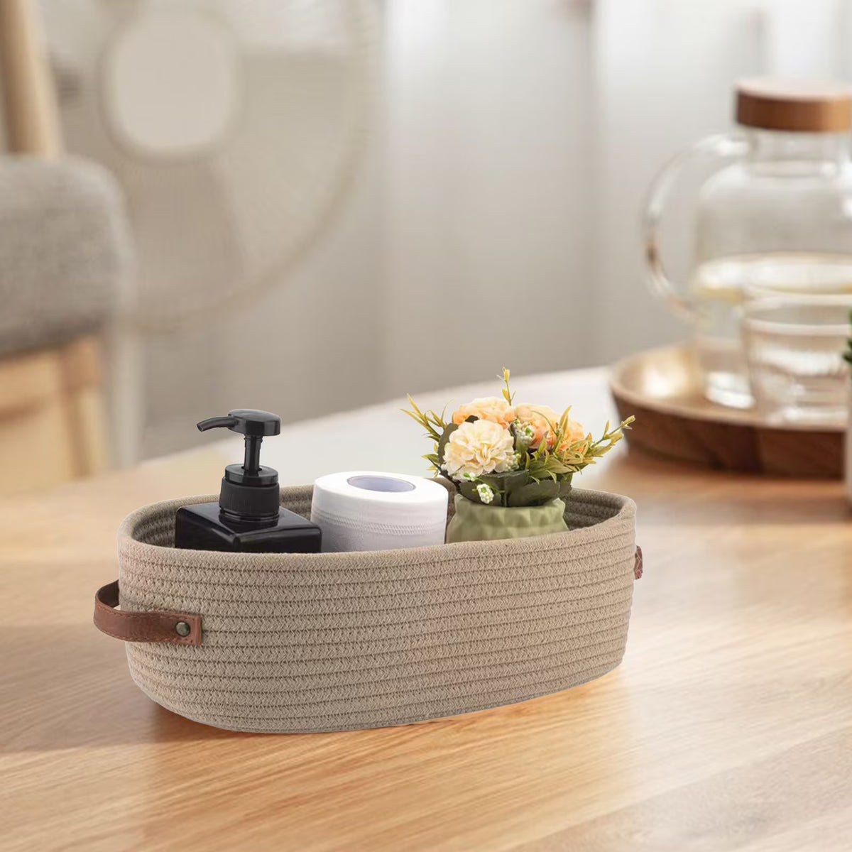 Oval Woven Bathroom Storage Basket – Multifunctional Desktop Organizer & Toilet Paper Holder – Stylish Rope Toy Basket (White/Blue/Khaki/Grey)