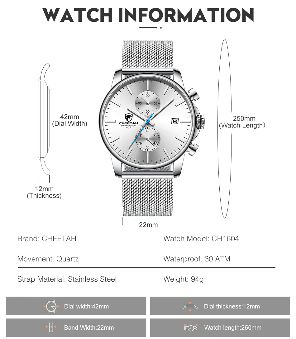 Montre homme CHEETAH Chronographe en maille acier inoxydable (CH1604M)
