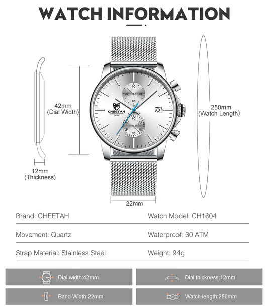 CHEETAH Chronograph Mesh Stainless Steel Men Watch (CH1604M)