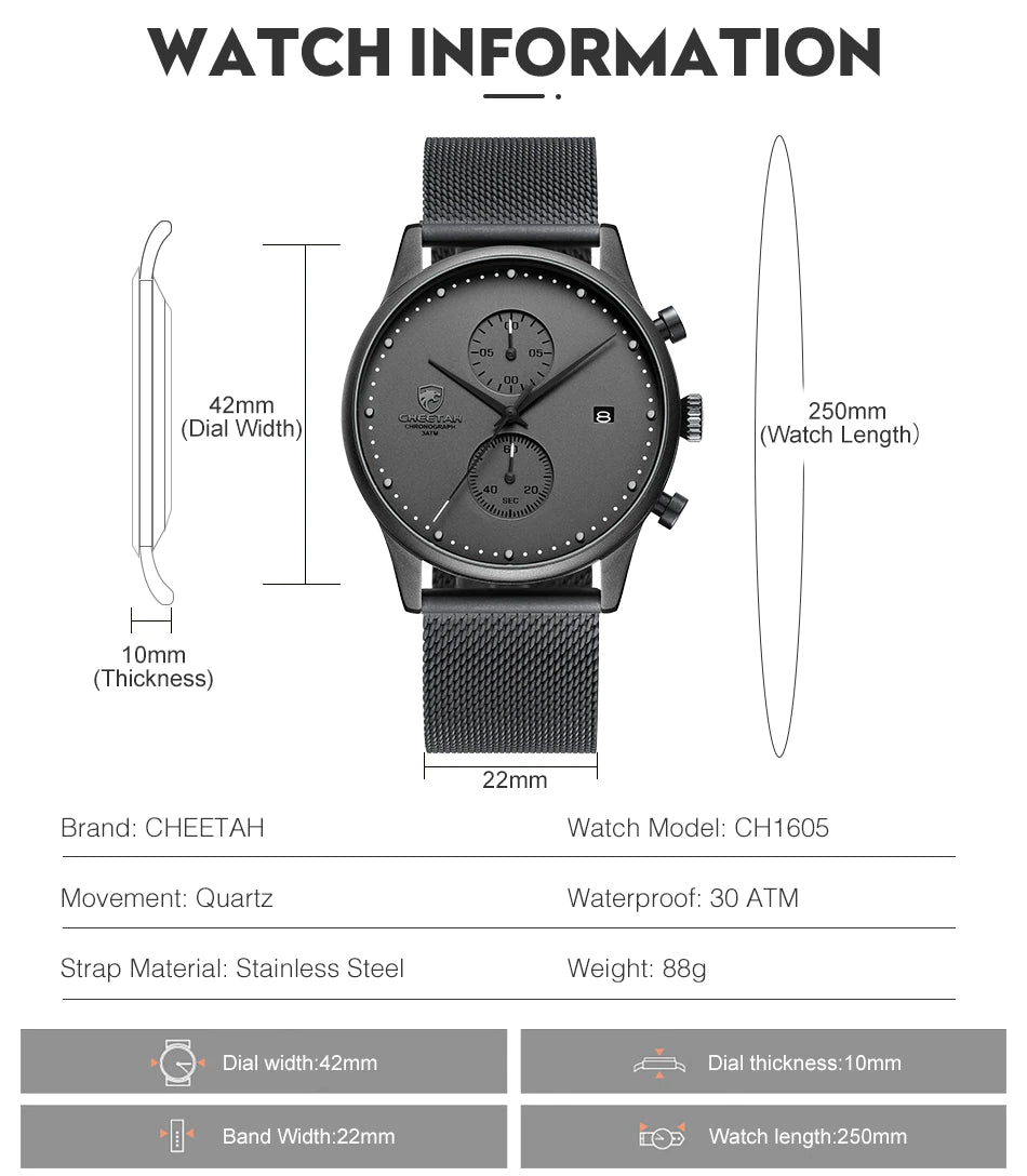 Montre homme CHEETAH Chronographe en maille et acier inoxydable (CH1605M)