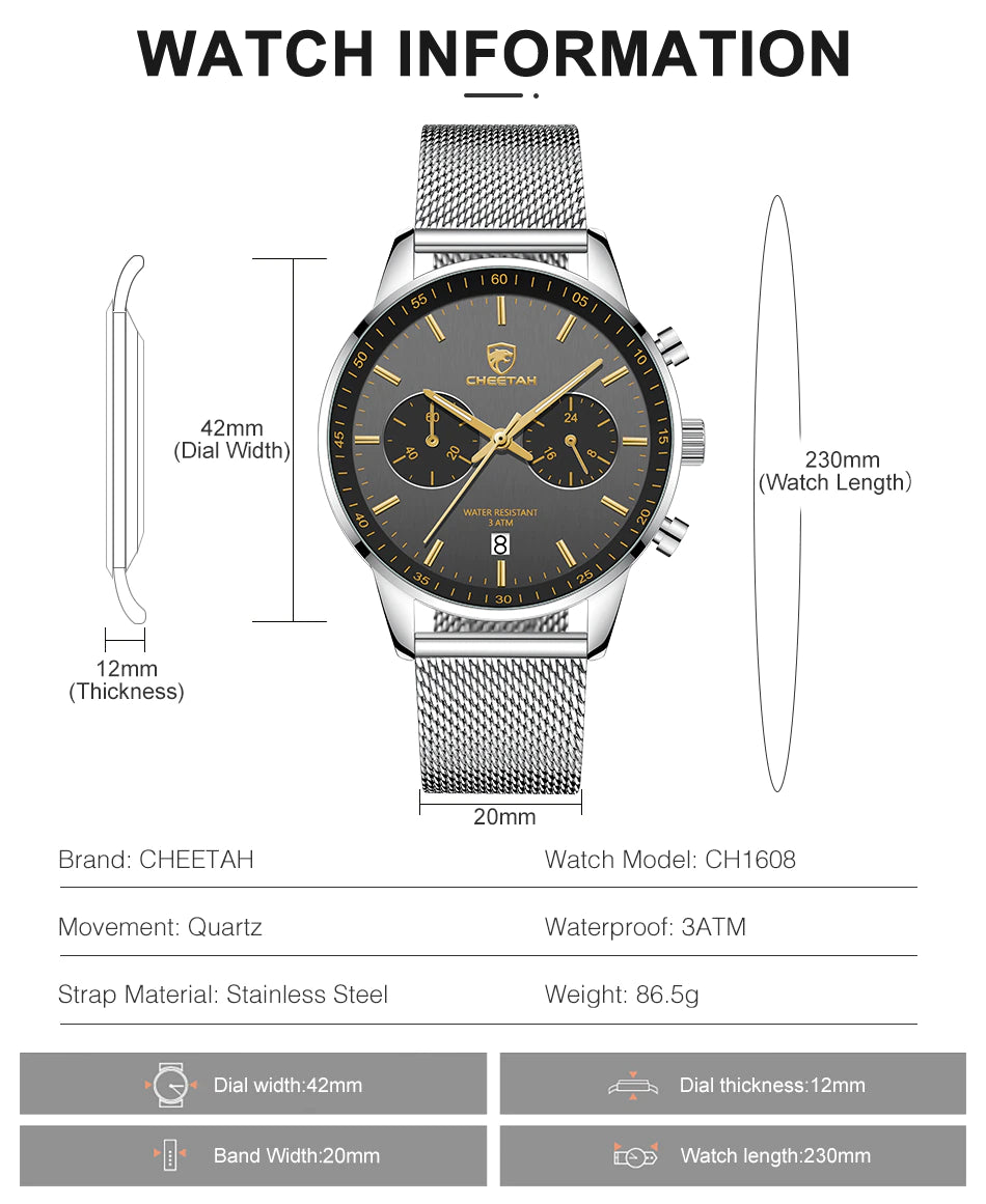 Montre homme CHEETAH Chronographe en maille et acier inoxydable (CH1608)