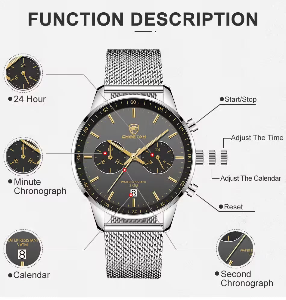 Montre homme CHEETAH Chronographe en maille et acier inoxydable (CH1608)