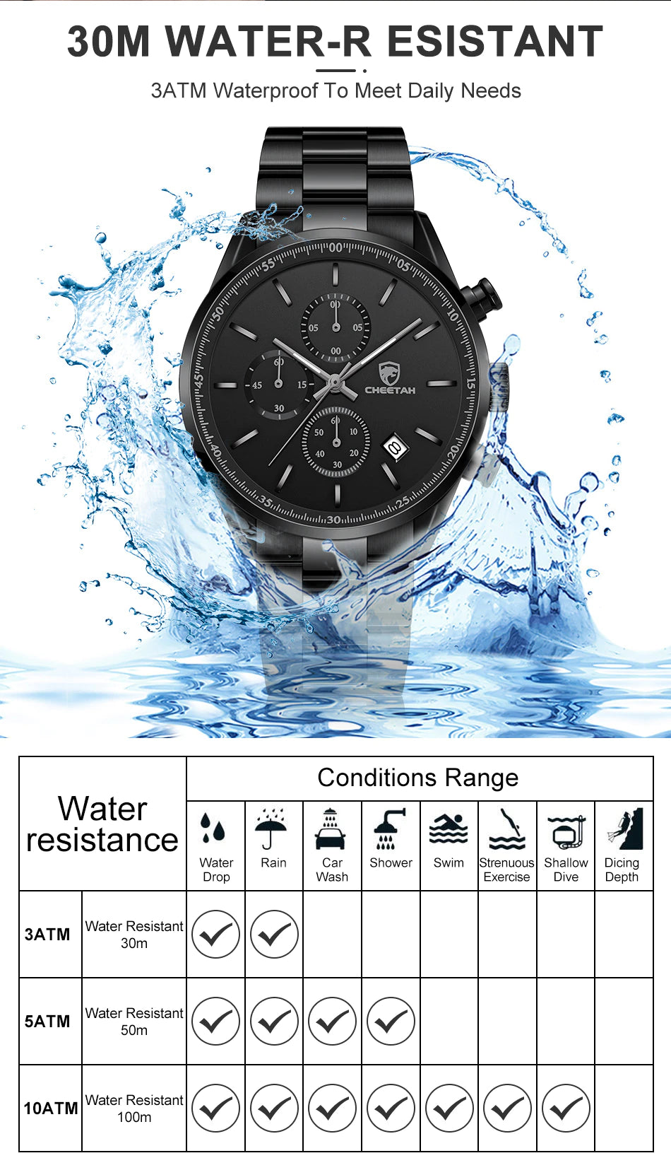 cheetah chronograph stainless steel men watch ch1607S gallery img 8