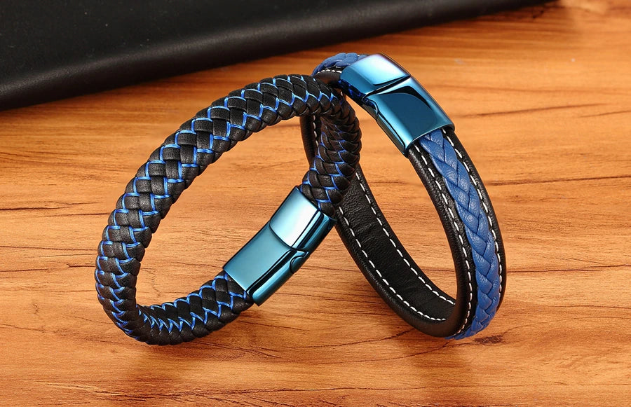 Classic Blue Lock Leather Men's Bracelet