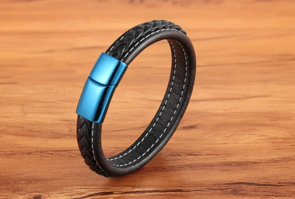 Classic Blue Lock Leather Men's Bracelet