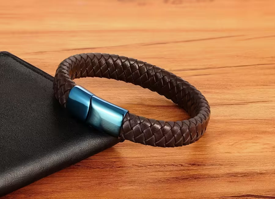 Bracelet en cuir bleu classique avec serrure pour hommes