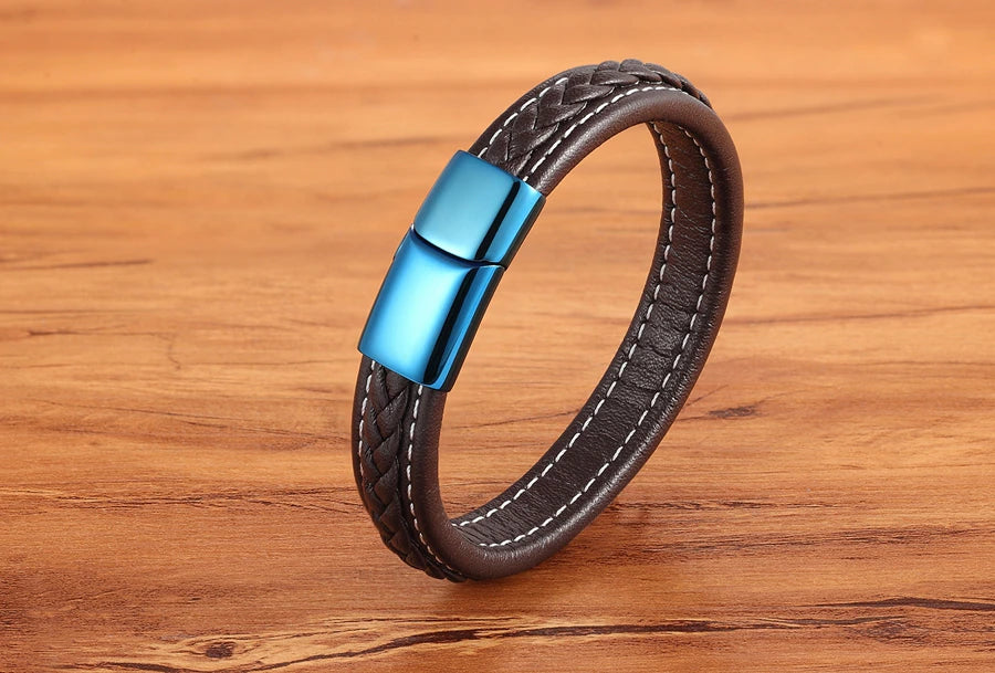 Bracelet en cuir bleu classique avec serrure pour hommes