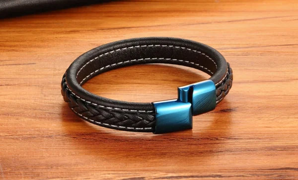 Bracelet simple en cuir bleu classique avec fermoir pour homme (EGBT048)