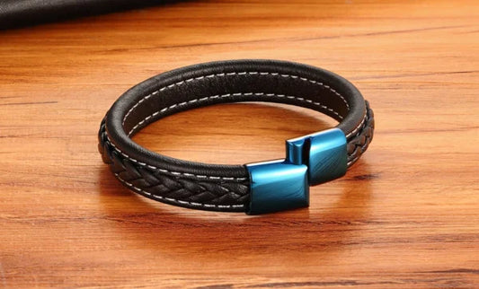 Bracelet simple en cuir bleu classique avec fermoir pour homme (EGBT048)