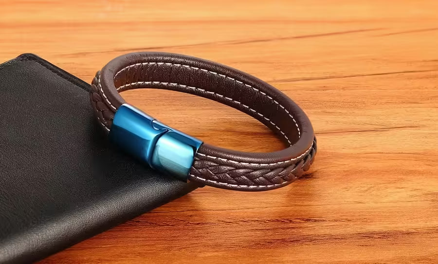 Bracelet en cuir bleu classique avec serrure pour hommes