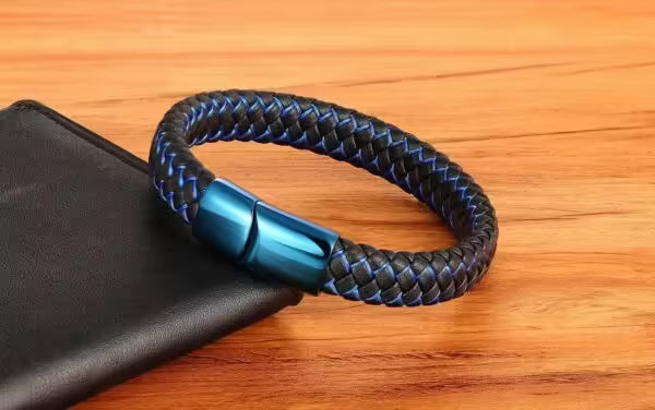 Bracelet en cuir bleu classique avec serrure pour hommes