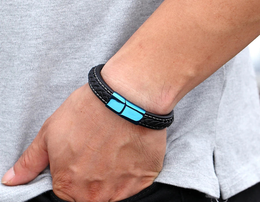 Bracelet en cuir bleu classique avec serrure pour hommes