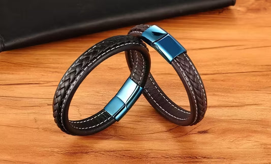 Bracelet simple en cuir bleu classique avec fermoir pour homme (EGBT048)
