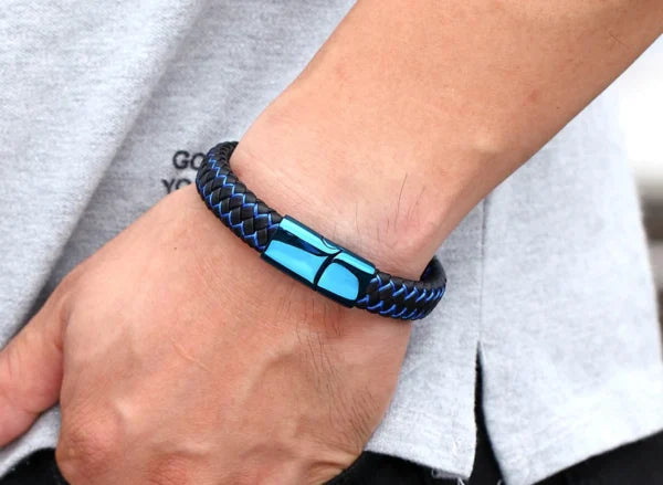 Bracelet en cuir bleu classique avec serrure pour hommes